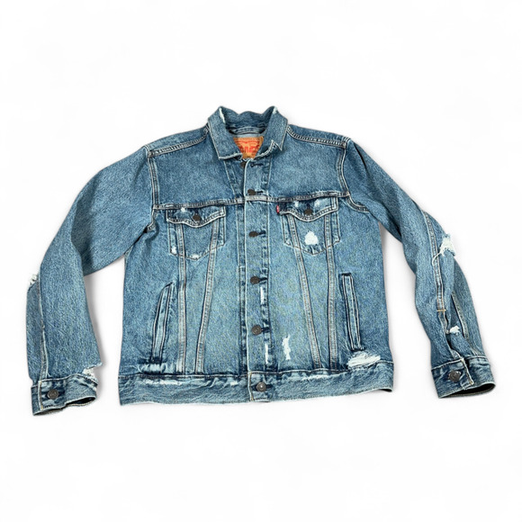 Levis Jean Jacket Adult MEDIUM Blue Cotton Denim Medium Wash Trucker Distressed